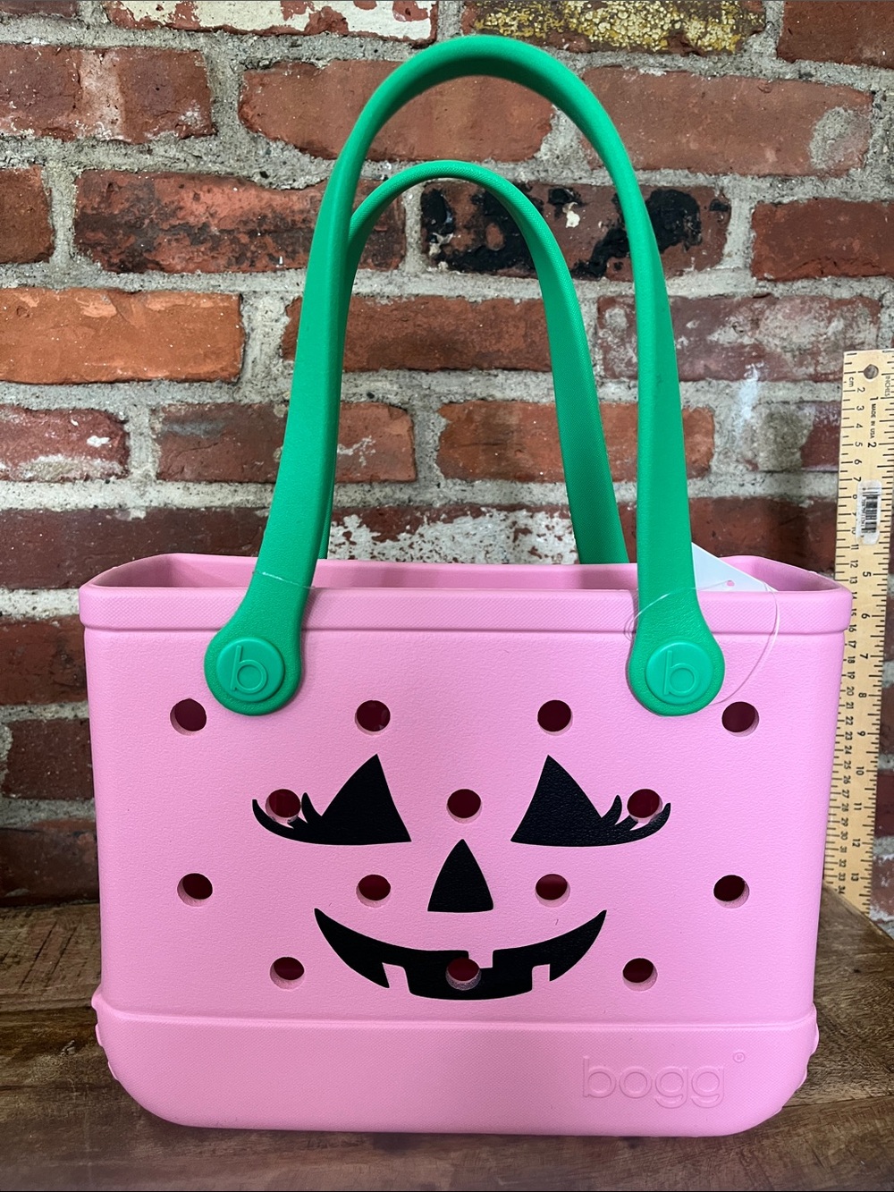 BOGG BAG Pink Tote with Green Handles and Jack-O'-Lantern Face biddy Bogg - Picture 8 of 8